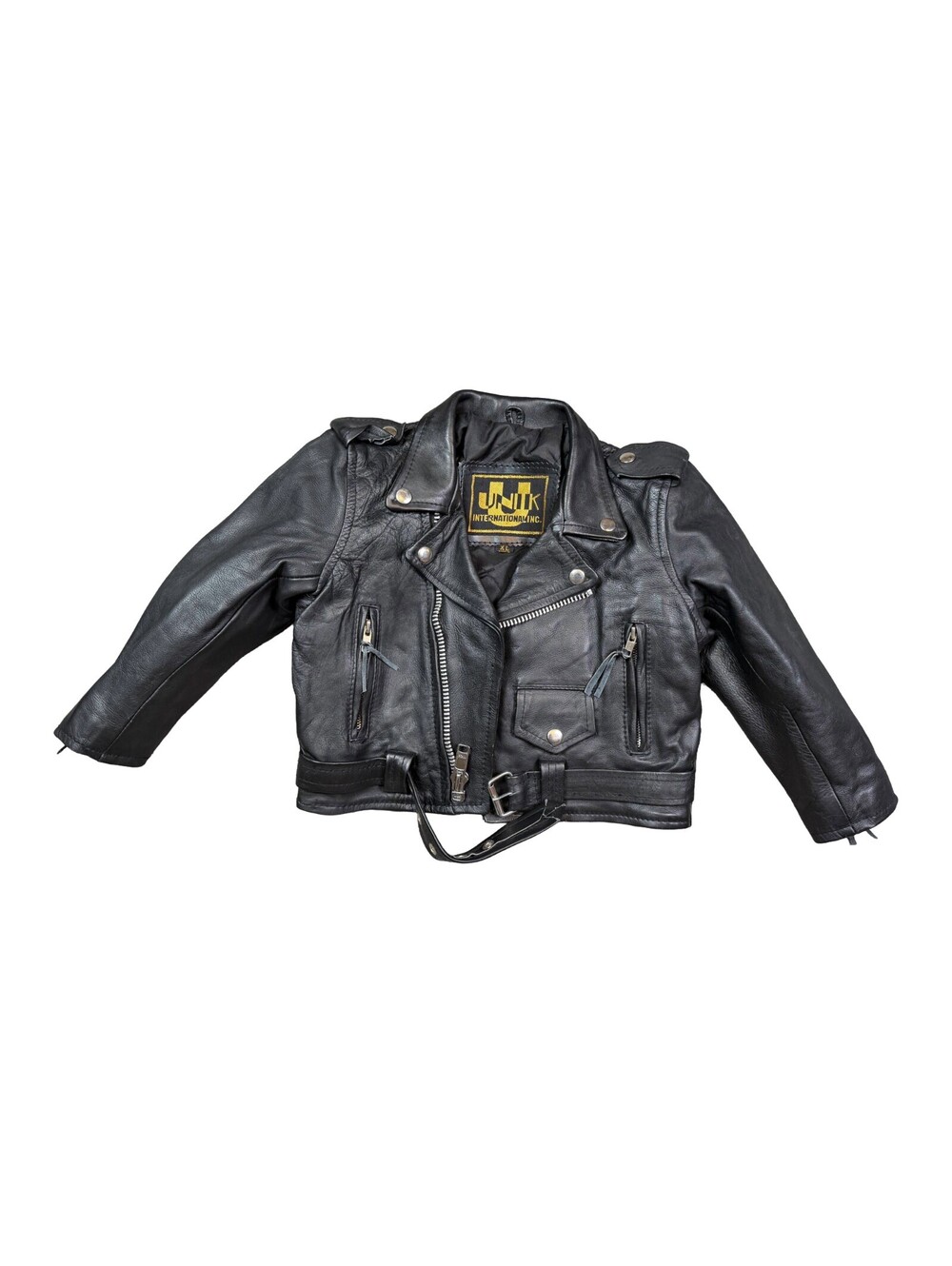 UNIK Kids XL Black Cowhide Leather Motorcycle Moto Biker Jacket Belted Vintage